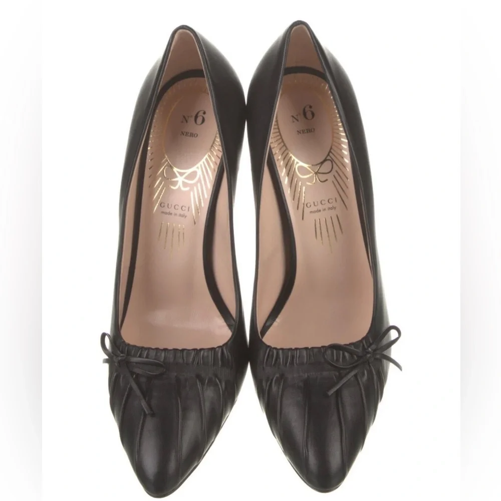 GUCCI Black Nappa Charlotte Bow Top Leather Pump High Heels